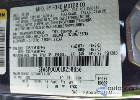 2020 Ford Fusion Sel z USA, uszkodzony, nr VIN 3FA6P0CD0LR258856